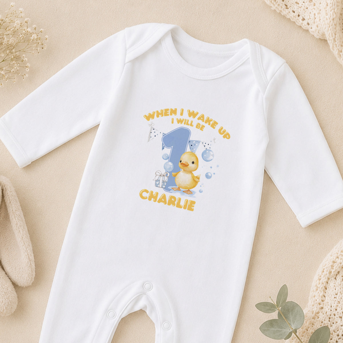Personalised Bubble Duck First Birthday sleepsuit