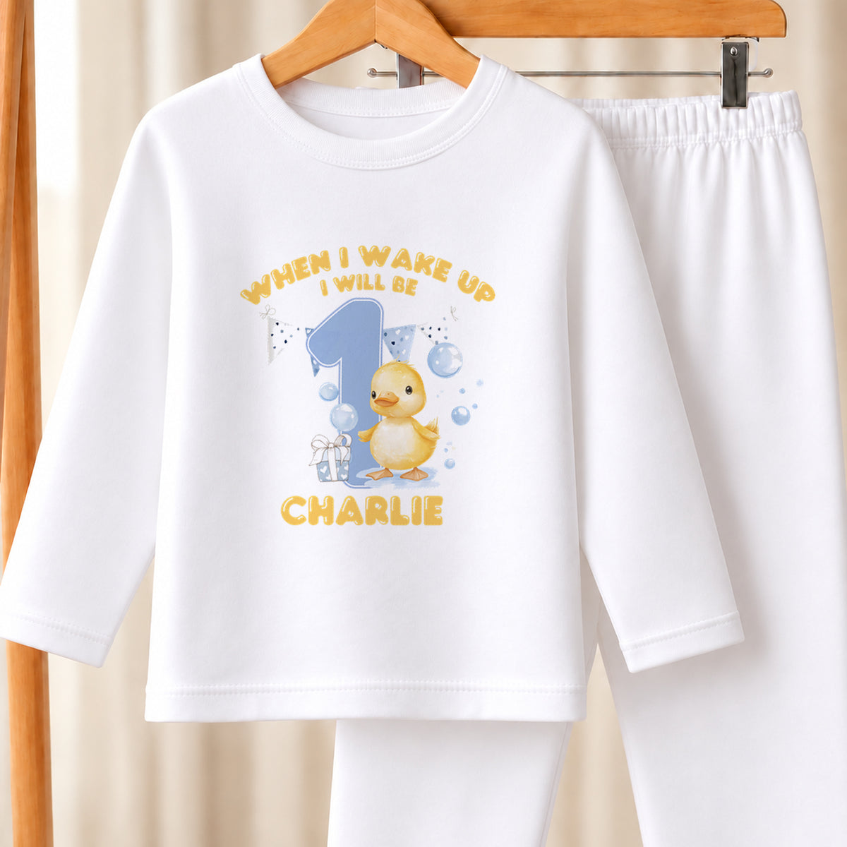 Personalised Bubble Duck First Birthday white pyjamas