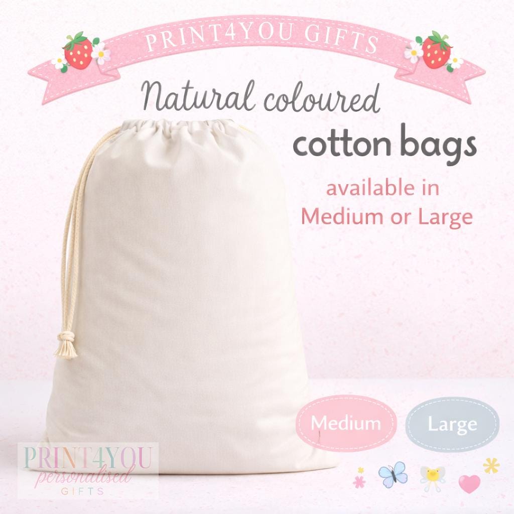 The personalised bee birthday sack laid flat, showing the full design and drawstring cord.