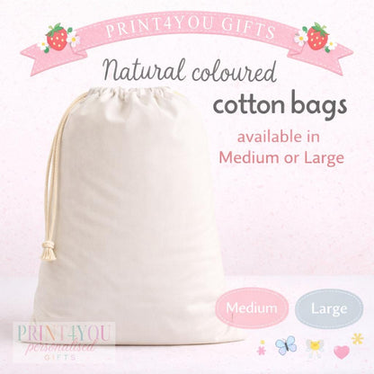 The personalised bee birthday sack laid flat, showing the full design and drawstring cord.