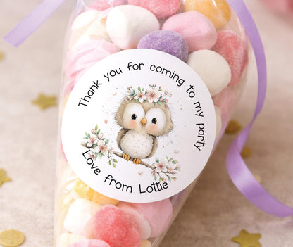 Sheet of glossy round stickers featuring a floral owl design, personalised with a name and wording