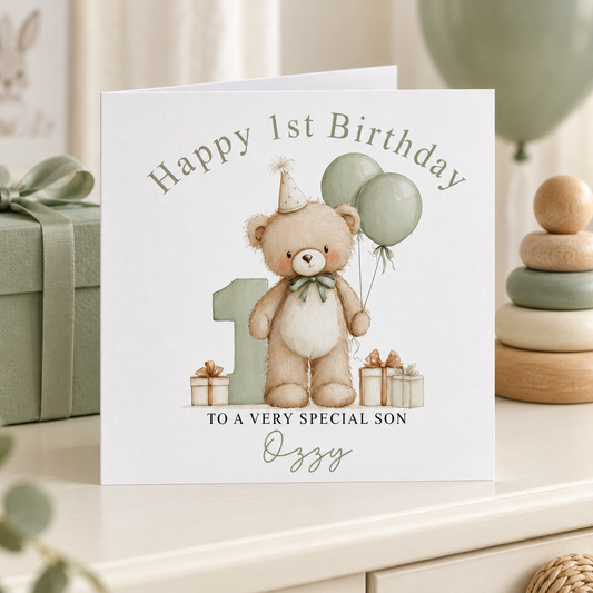Personalised Sage Teddy Bear 1st Birthday Card, Birthday Boy Name, 6x6 Inch – card mockup