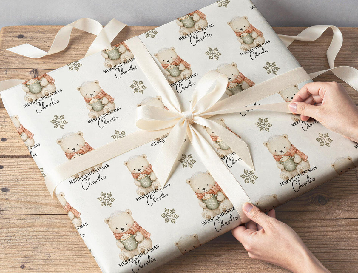 Personalised polar bear gift wrap design flat lay showing the full repeating pattern