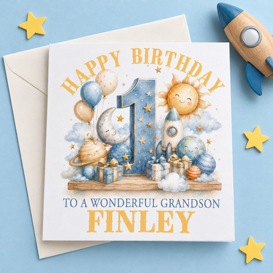 Personalised Sun & Planets 1st Birthday Card, For Son, Grandson Any Relation – card mockup