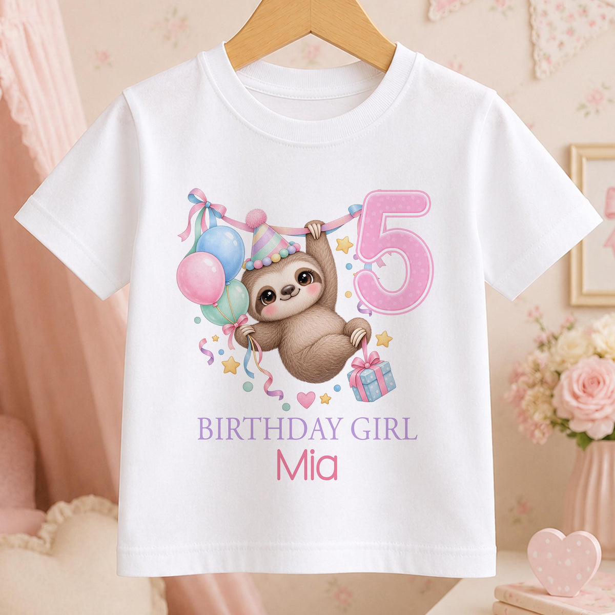 Personalised sloth birthday t-shirt – white tee with a sloth hanging from bunting with balloons, pink number 5, Birthday Girl and the name Mia