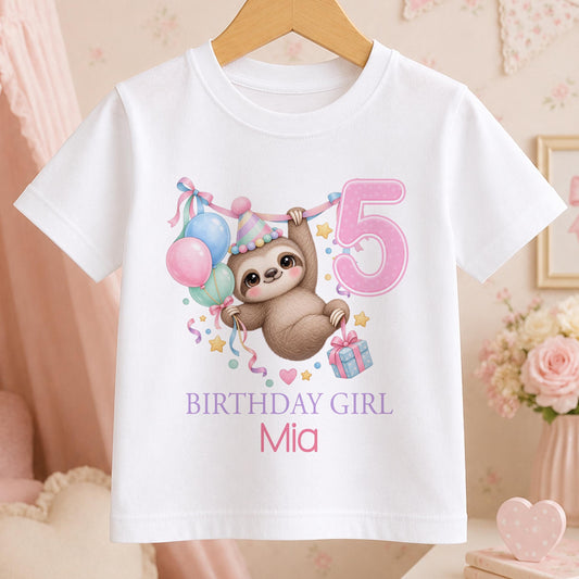 Personalised sloth birthday t-shirt – white tee with a sloth hanging from bunting with balloons, pink number 5, Birthday Girl and the name Mia