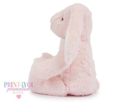 Personalised first birthday bunny soft toy, unicorn design, close up of print