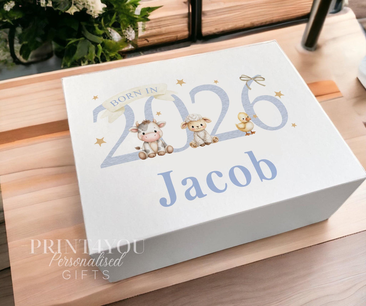 Personalised baby keepsake box in blue with a farmyard tractor and animal design and magnetic closure lid