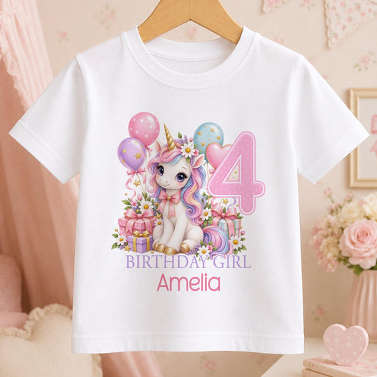 White cotton girls birthday t-shirt with a pastel unicorn, balloons, presents and flowers, a large pink number 4 and the name Amelia