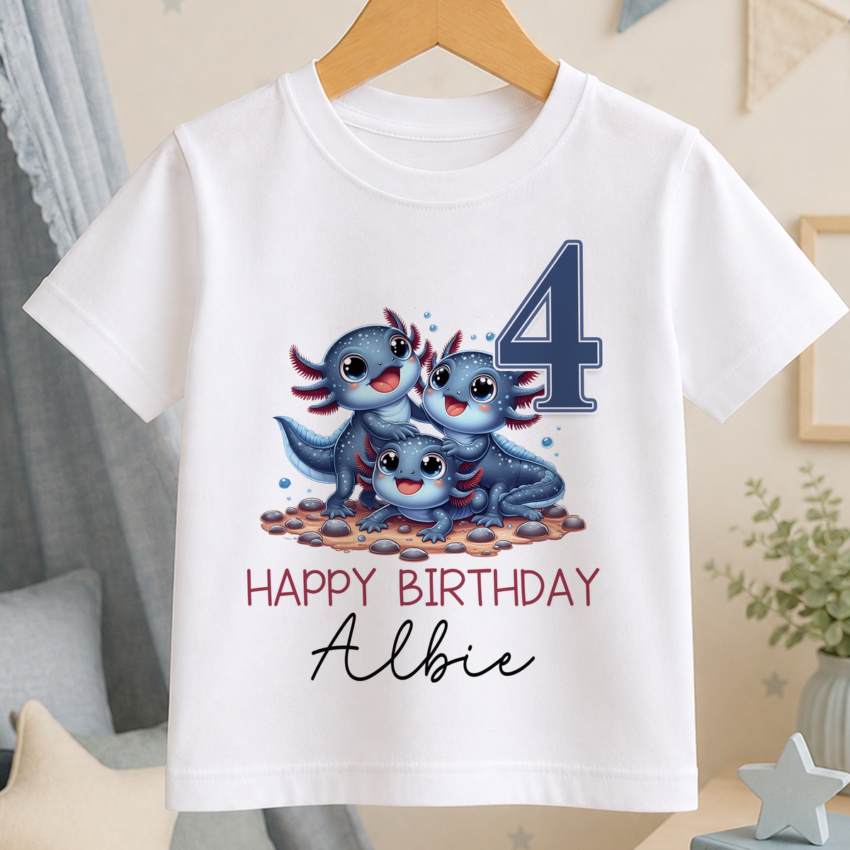 White cotton personalised birthday t-shirt with a colourful cartoon alligator design, age number and custom name text