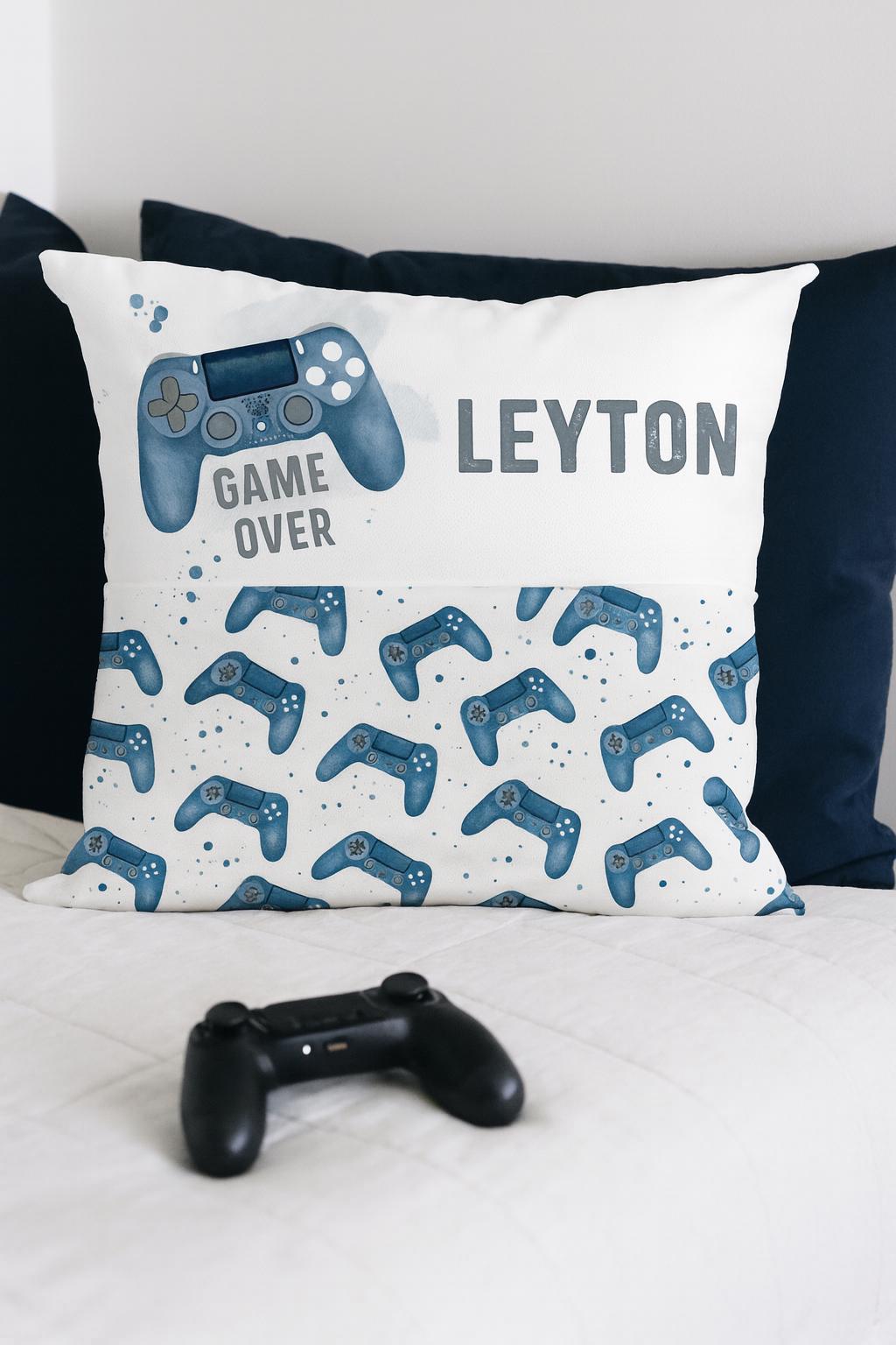 Personalised Gamer Cushion – Custom Name Controller Book Pocket Pillow for Boys Gaming Room