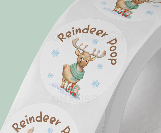 Reindeer poop Christmas sticker on a strip – glossy white 5cm round gift label printed with a