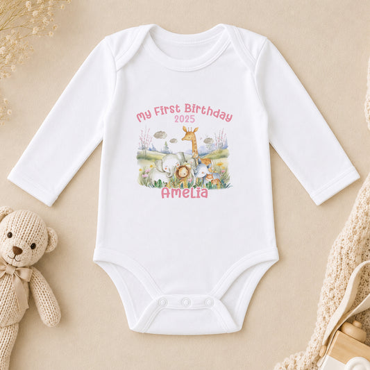 Personalised Safari Landscape First Birthday long sleeve vest