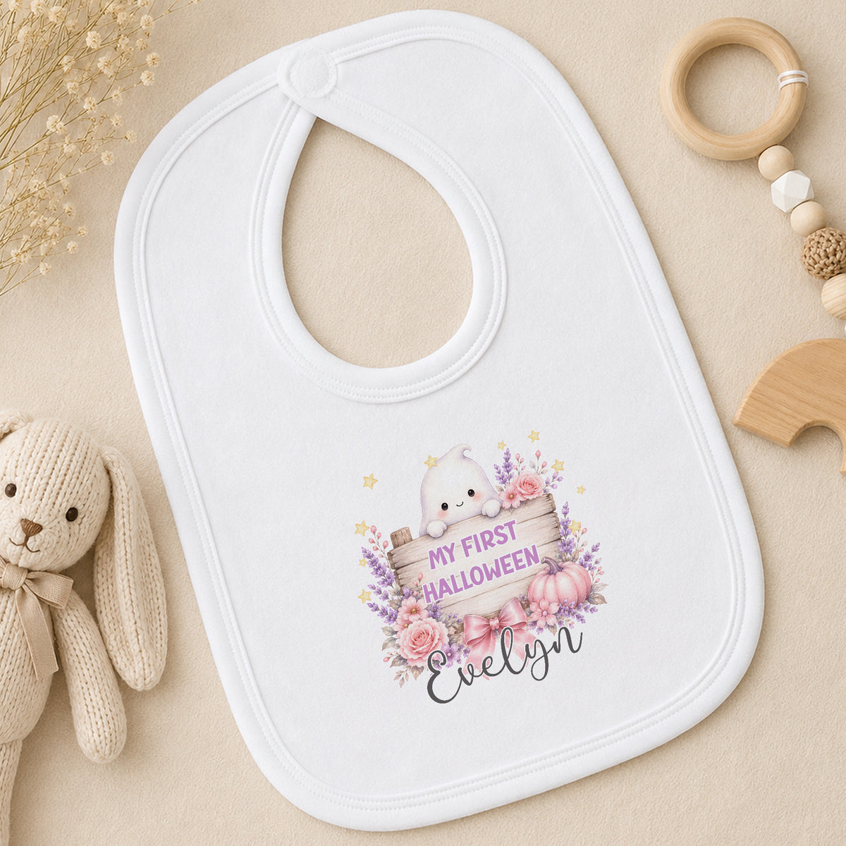 Personalised Pink Ghost First Halloween Baby bib
