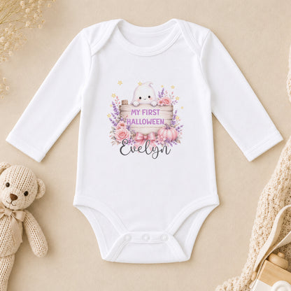 Personalised Pink Ghost First Halloween Baby long sleeve vest