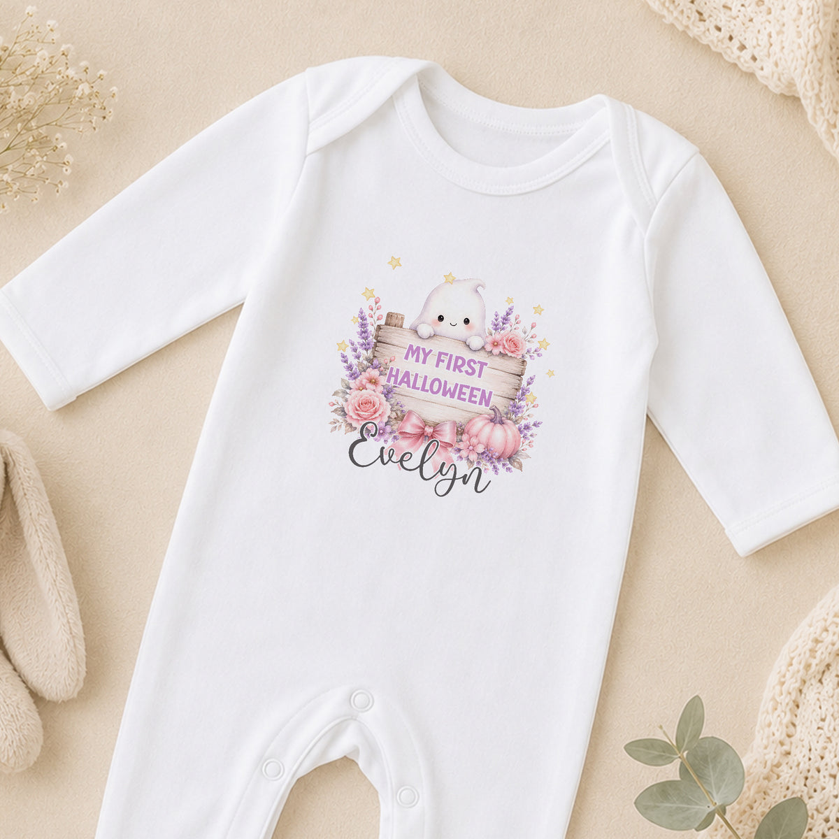 Personalised Pink Ghost First Halloween Baby sleepsuit