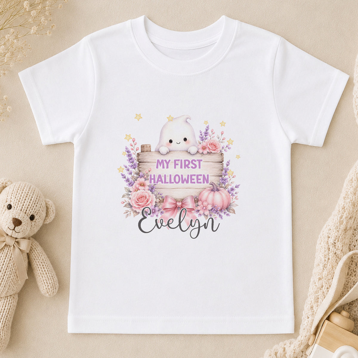 Personalised Pink Ghost First Halloween Baby t-shirt
