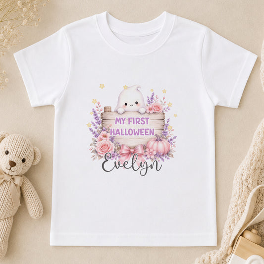 Personalised Pink Ghost First Halloween Baby t-shirt