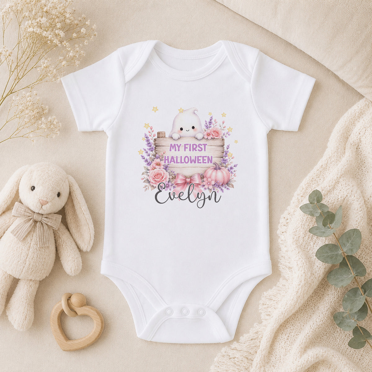 Personalised Pink Ghost First Halloween Baby baby vest