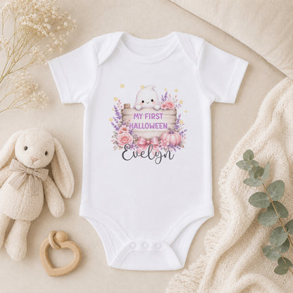Personalised Pink Ghost First Halloween Baby baby vest