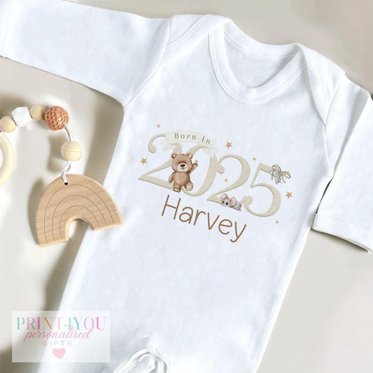 Personalised 'Born In 2025' Teddy Bear design baby bib, printed on soft cotton.