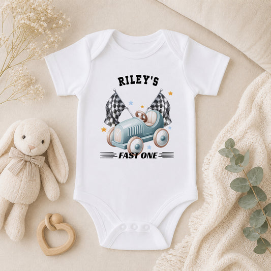 Personalised Racing Car First Birthday baby vest