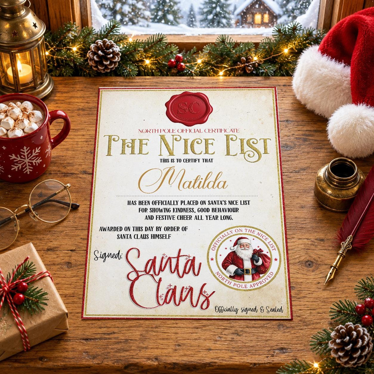 Personalised vintage parchment-style Santa Nice List certificate with red wax seal, Santa stamp and signature, shown on a festive table
