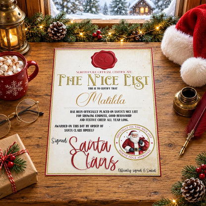 Personalised vintage parchment-style Santa Nice List certificate with red wax seal, Santa stamp and signature, shown on a festive table