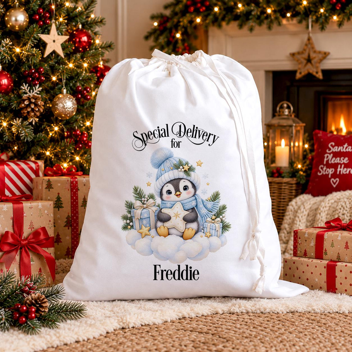 Personalised Baby Penguin Santa Sack – Blue Christmas Eve Sack with Name