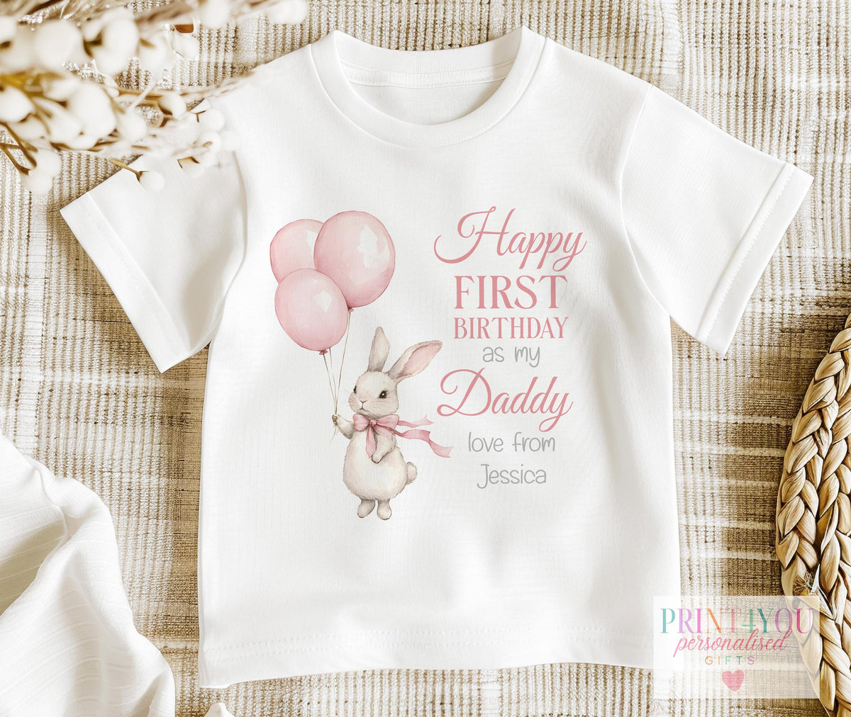 Personalised pink bunny first birthday vest, printed with a custom name for Mummy, Daddy or any family relation.