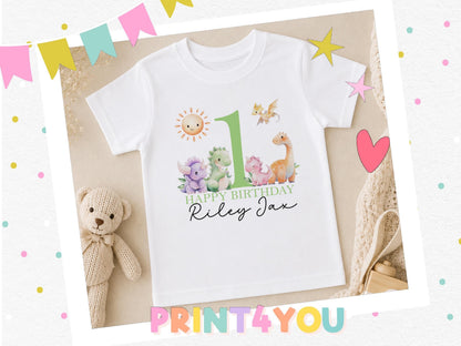 Personalised dinosaur first birthday t-shirt laid flat with bunting