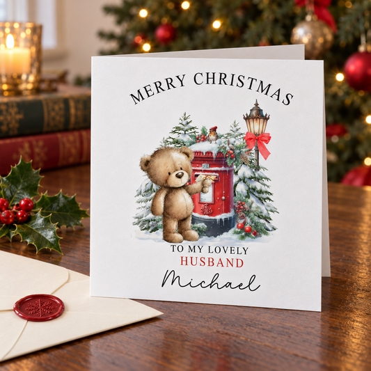 Personalised Teddy Bear Christmas Card for Husband – card mockup