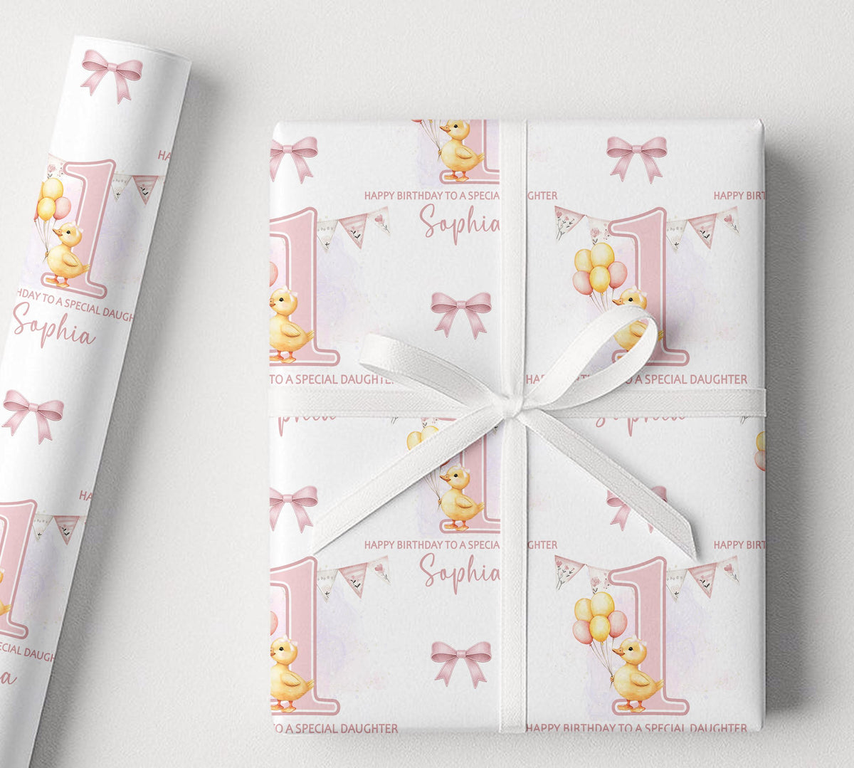 Close-up detail of the pink duck print pattern