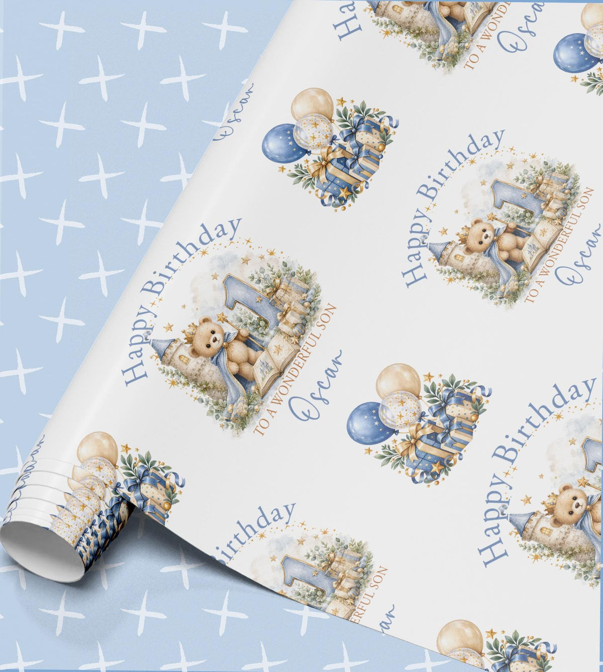 Prince Teddy Wrapping Paper, Personalised Name, Boys Birthday Wrap