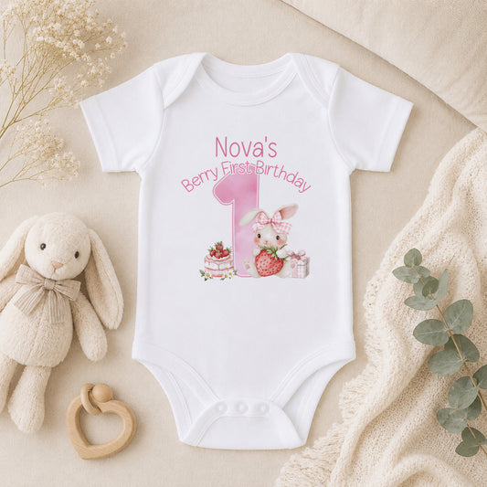 Personalised Strawberry Bunny First Birthday baby vest