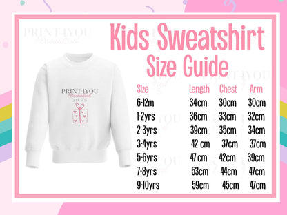 Kids sweatshirt size guide chart showing length, chest and arm measurements for sizes 6-12 months to 9-10 years – Print4You Personalised Gifts
