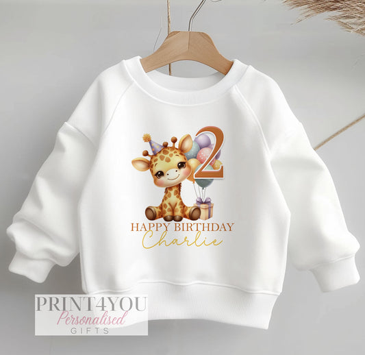 Personalised white cotton sweatshirt for children with safari giraffe design, customised with name and birthday age
