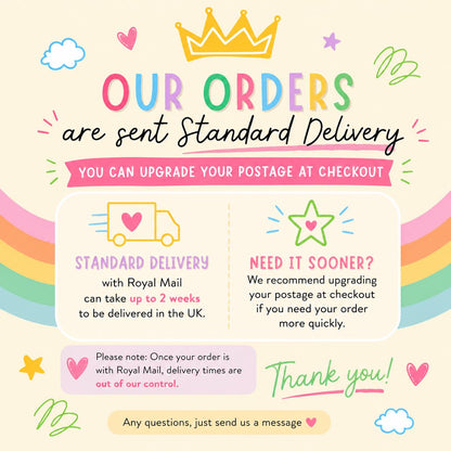 Our orders are sent by Royal Mail standard delivery – upgrade your postage at the checkout if you need your card sooner