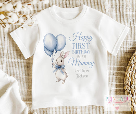 Personalised grey bunny 1st birthday bib, printed with a custom name and choice of family relation.