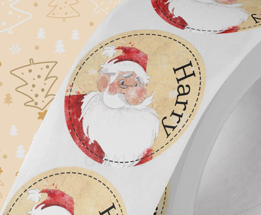 Personalised vintage Santa Christmas sticker with custom name, glossy white round gift label strip