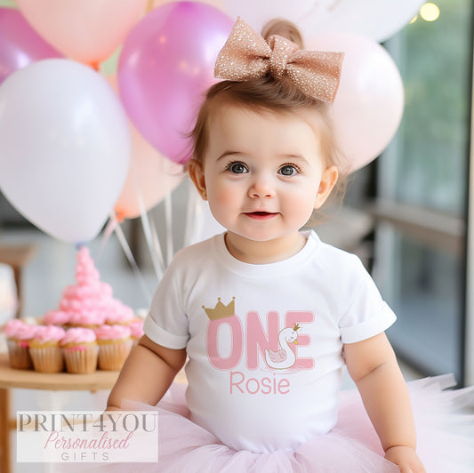 Personalised Birthday T-Shirt - Pink Swan Design | First Birthday Top Cotton Tee