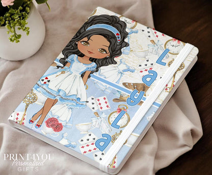 Alice in Wonderland personalised PU leather notebook with custom name, Girl 1 character design