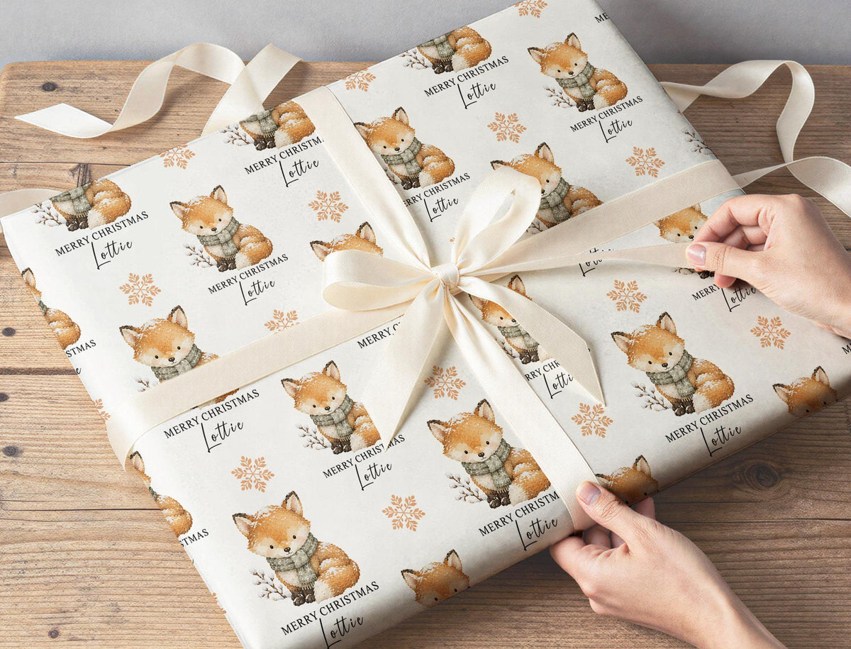 Personalised winter fox Christmas wrapping paper size and packaging options