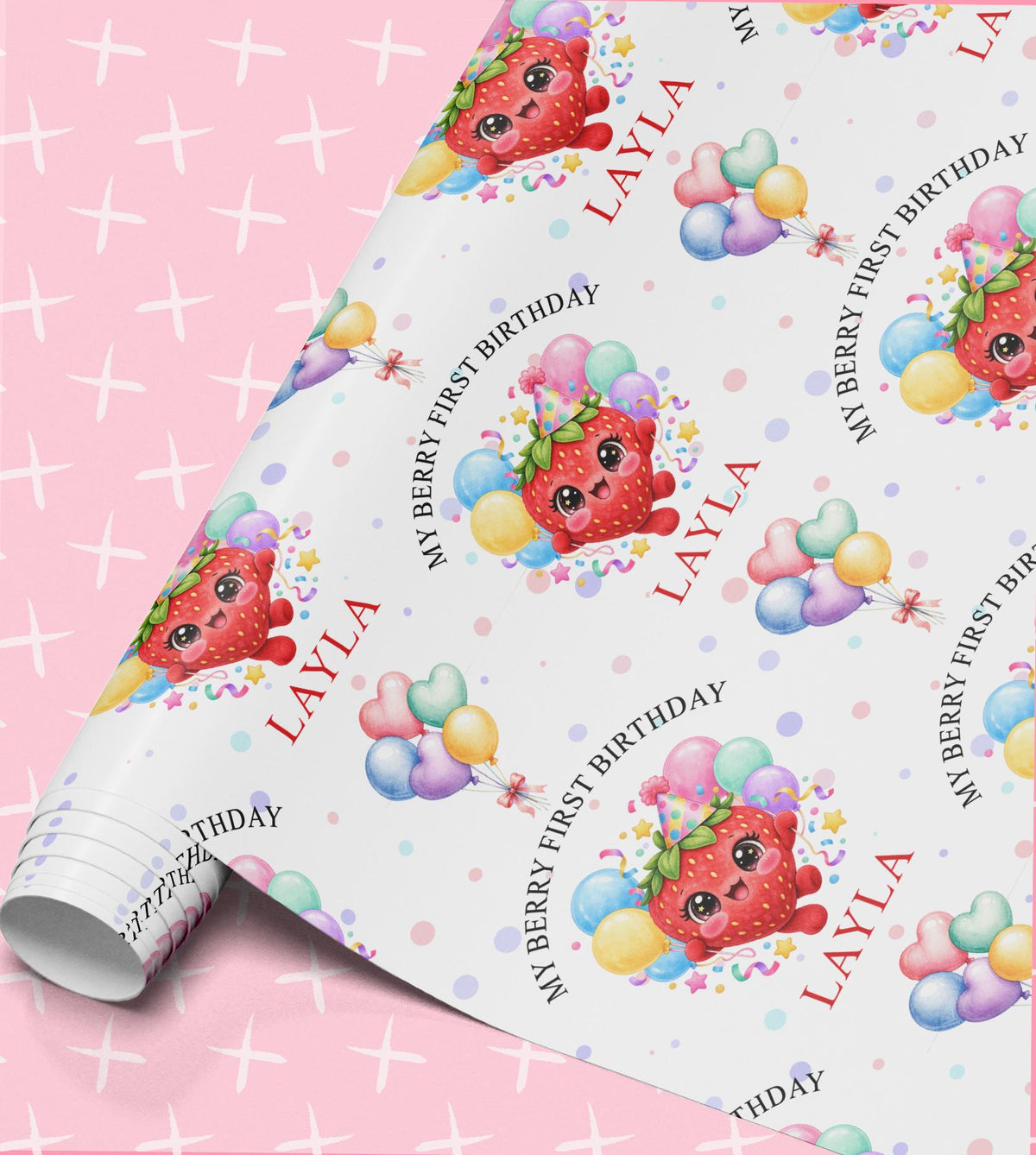 Personalised My Berry First Birthday wrapping paper roll – strawberry in a party hat with pastel balloons and the name Layla