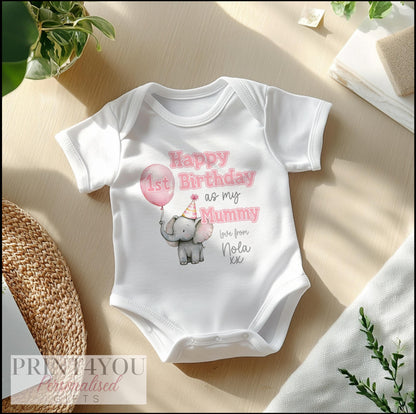 Personalised cute elephant vest printed with 'Happy 1st Birthday' and your baby's name.