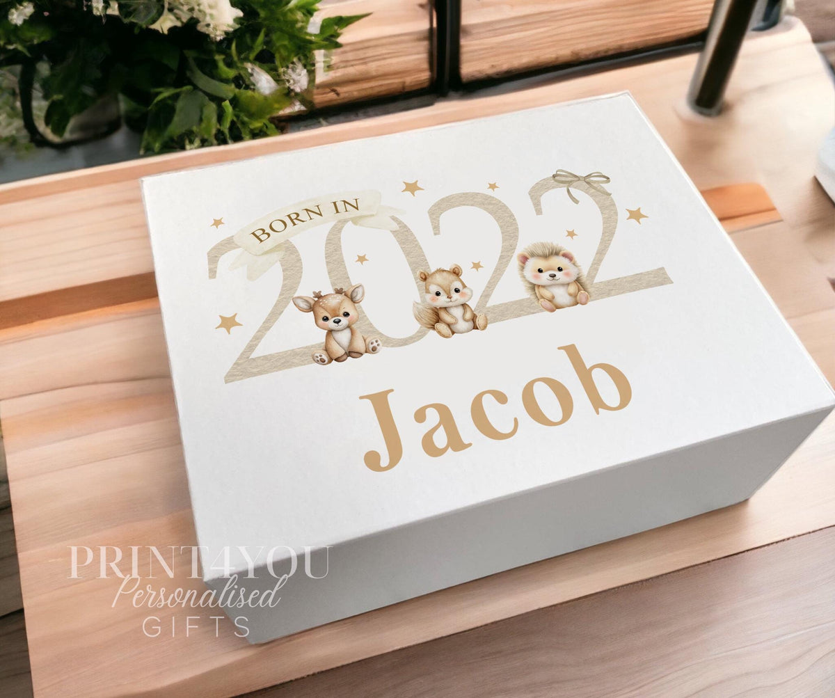 Personalised baby keepsake box with a woodland fox, owl and hedgehog design and magnetic closure lid