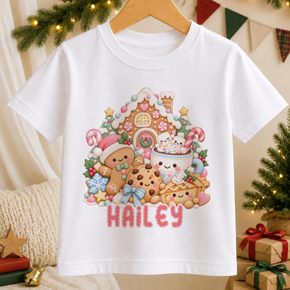 Personalised kawaii gingerbread house Christmas t-shirt – white tee with pastel gingerbread house, gingerbread friend, cookie and hot chocolate, with the name Hailey in pink