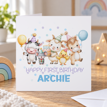 1st Birthday Card – Farmyard Friends Keepsake for Son