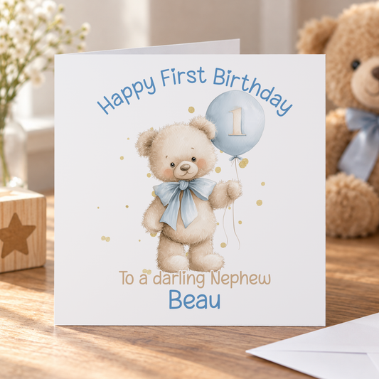 1st Birthday Card for a Baby Boy – Personalised Teddy Bear & Blue Balloon Design