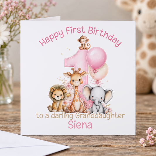 1st Birthday Card for a Baby Girl – Personalised Pink Safari Animal Keepsake
